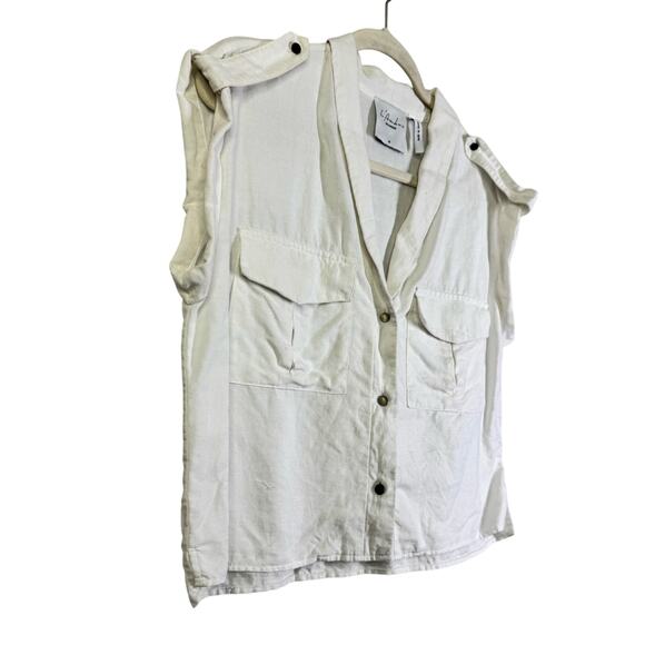 L'ACADEMIE Top Medium Safari Crop Revolve Button Front Shoulder Epaulettes Linen - Picture 3 of 14